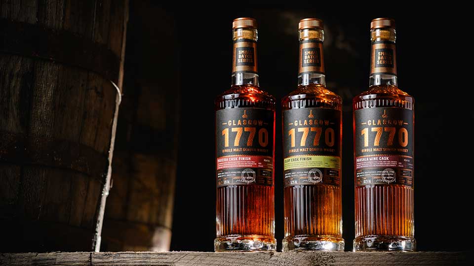 Glasgow 1770 Peated Madeira Cask Finish, Peated Islay Cask Finish, and Peated Marsala Wine Cask